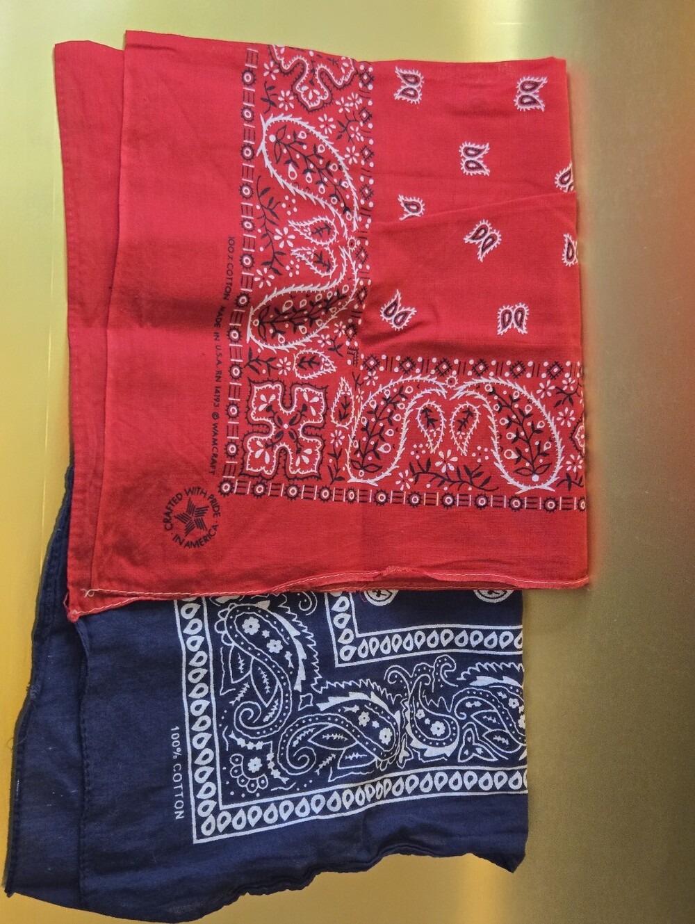 Lot of 2 Vintage Paisley Bandanas Red Wamcraft USA Fast Color Navy Blue 100% Cot